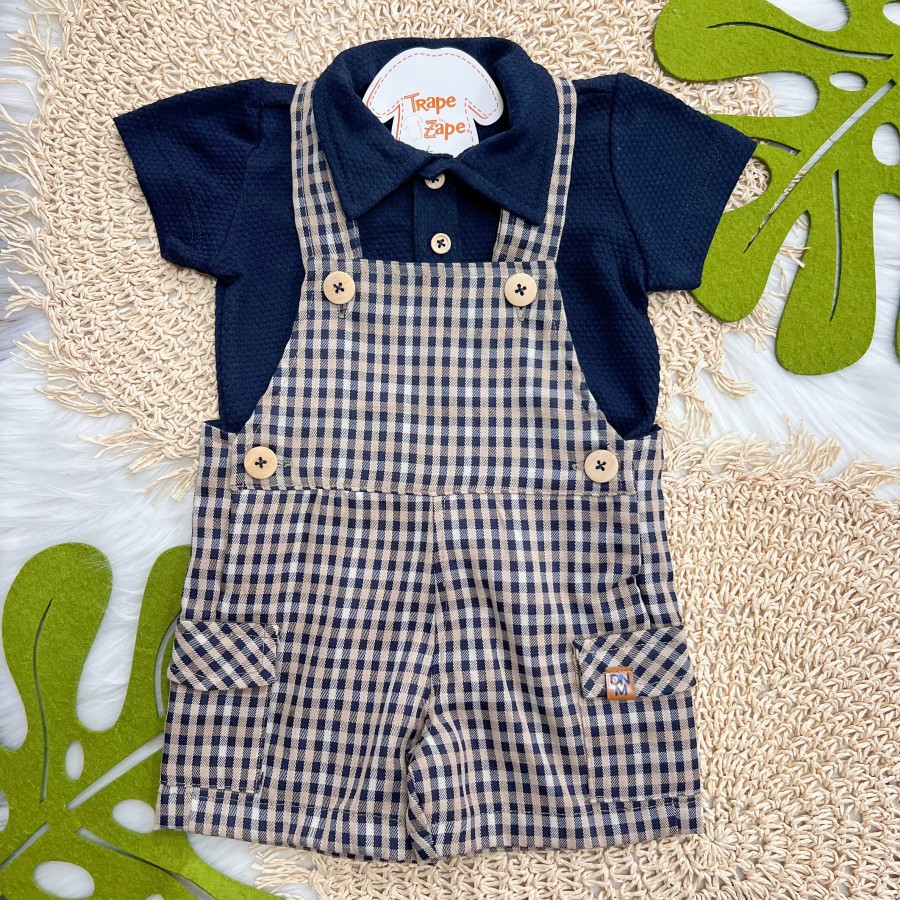 Conj. Camisa e Jardineira Xadrez - Marinho e Areia